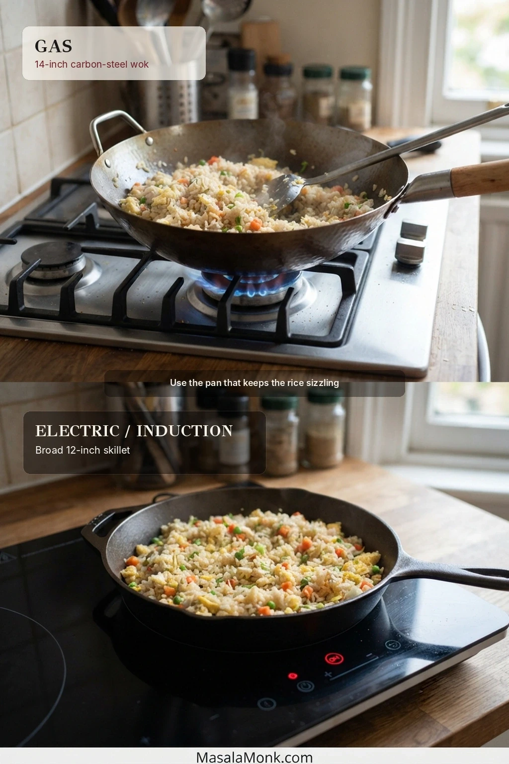 Split comparison showing fried rice in a carbon-steel wok over a blue gas flame and in a broad skillet on a smooth electric or induction cooktop.
