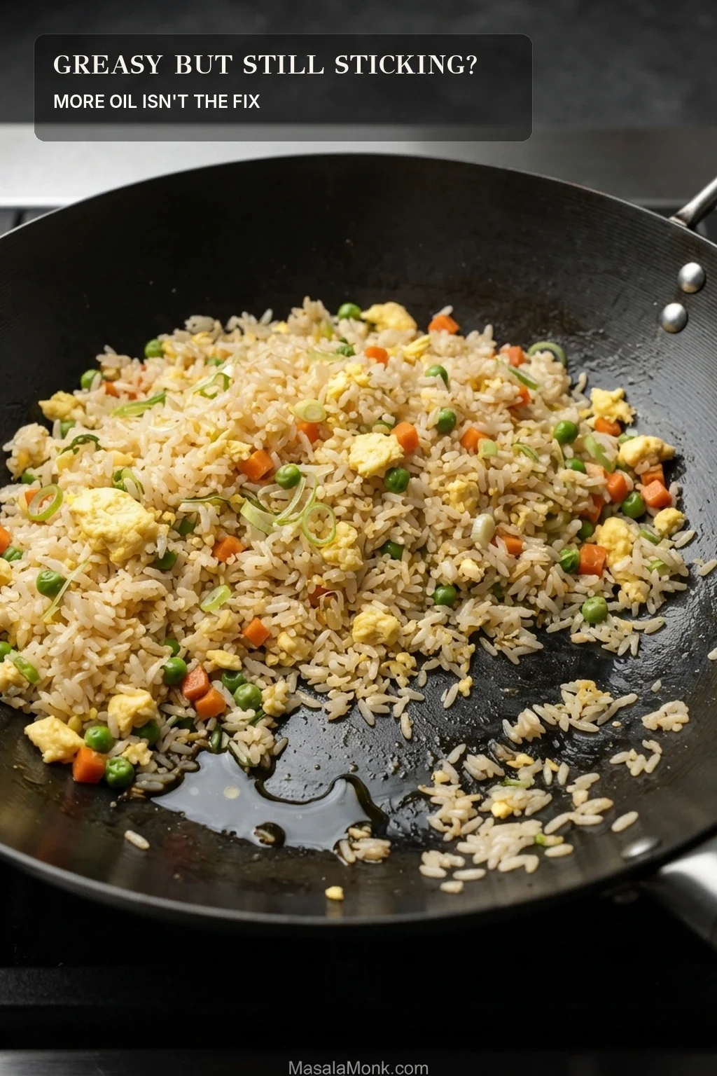 Fried rice in a wok with visible excess oil on exposed metal while patches of rice remain stuck to the cooking surface.