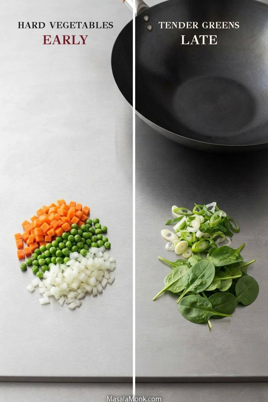 Firm vegetables including diced carrots, peas and onion shown separately from tender spinach and sliced scallion greens.