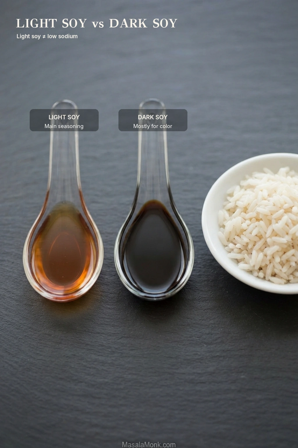 Two clear dishes comparing translucent amber Chinese light soy sauce with much darker soy sauce beside plain cooked rice.