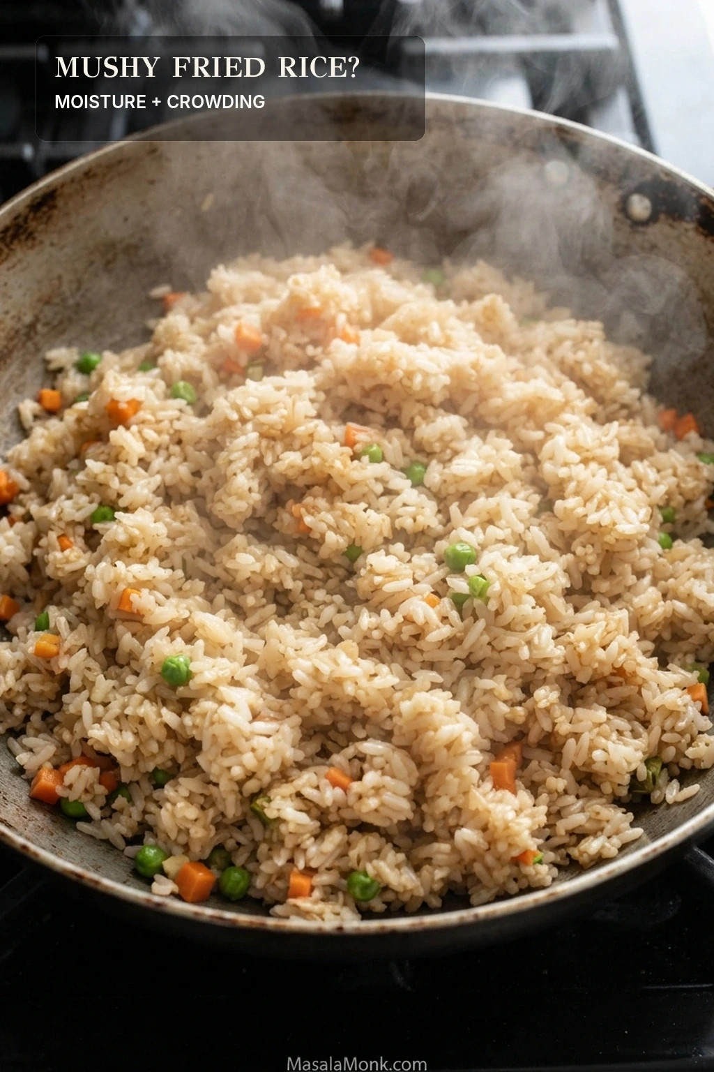 A deep, crowded mound of fried rice in a wok with visible steam, clumped grains and very little exposed cooking surface.