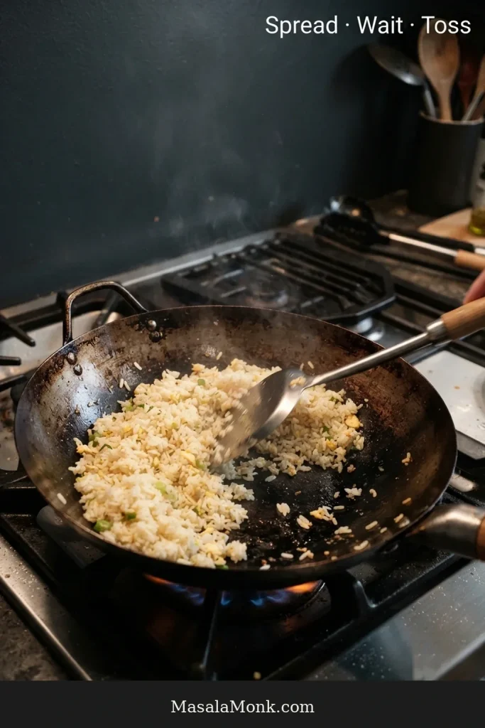 Wok spatula spreading egg fried rice into a shallow layer against the hot surface of a dark wok.