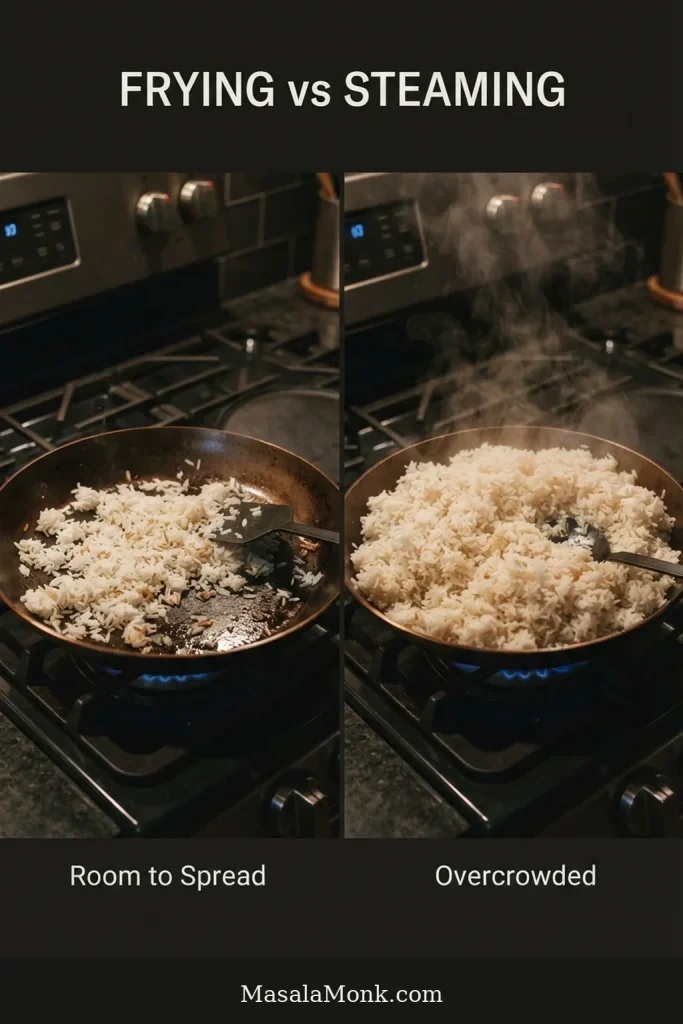 Comparison of rice spread in a lightly loaded wok with exposed hot metal and an overcrowded wok filled deeply with rice and visible steam.