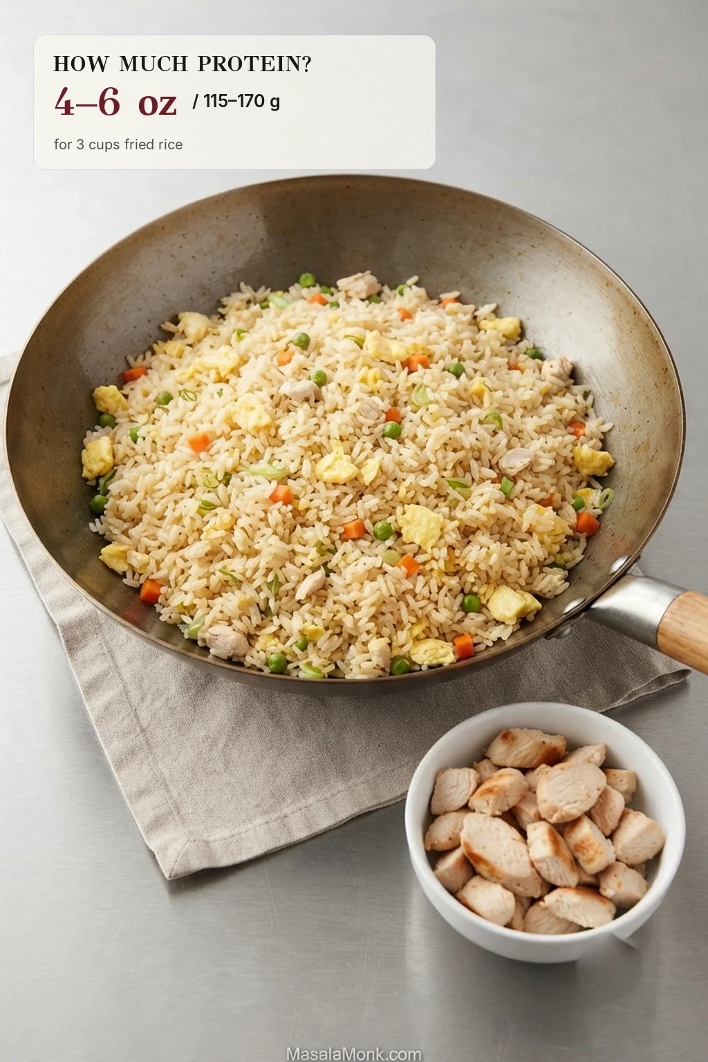 Pan of fried rice beside a small bowl of sliced cooked chicken, with text showing 4 to 6 ounces or 115 to 170 grams for 3 cups of rice.