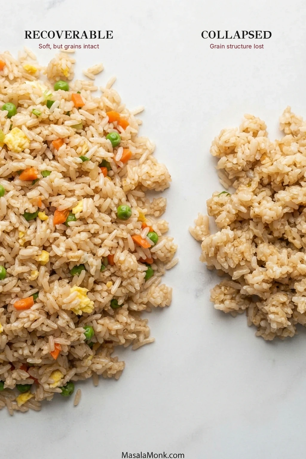 Side-by-side comparison of soft fried rice with visible intact grains and collapsed rice that is swollen, broken down and heavily clumped.