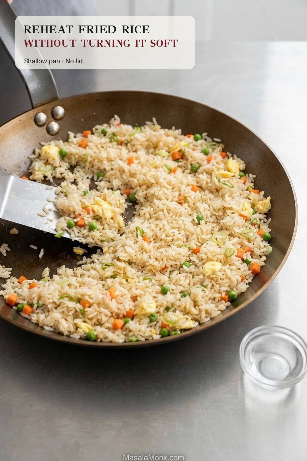 Leftover fried rice reheating in a shallow uncovered skillet with a spatula and a small cup of water nearby.