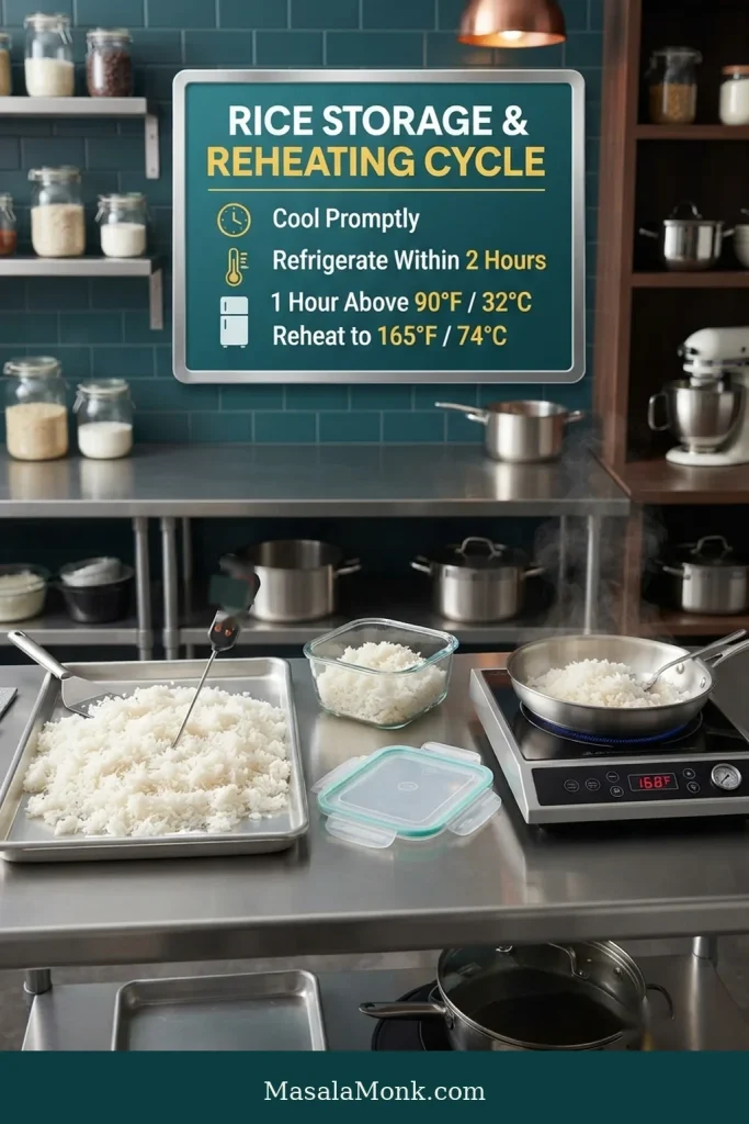 Food-safety guide showing cooked rice cooling on a shallow tray, rice in a covered storage container and reheating equipment, with instructions to refrigerate within two hours and reheat to 165°F or 74°C.