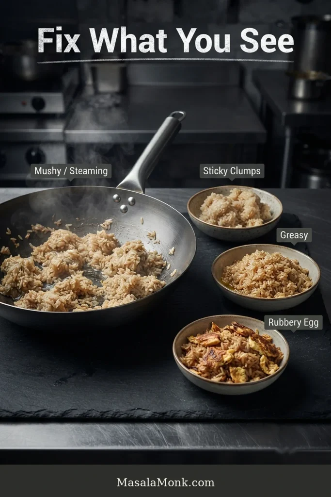 Troubleshooting guide comparing mushy steaming fried rice, sticky rice clumps, greasy rice and dry tightly cooked egg curds.