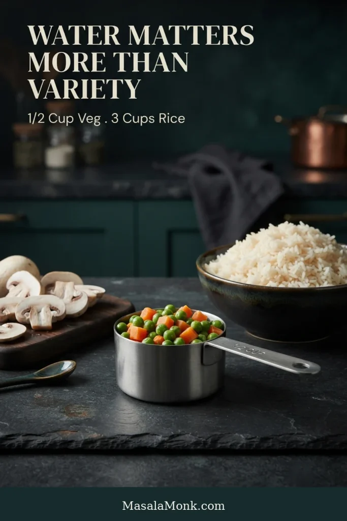 Half-cup metal measure filled with peas, finely diced carrot and green beans beside a larger quantity of cooked rice, with sliced mushrooms shown as a wetter vegetable example.