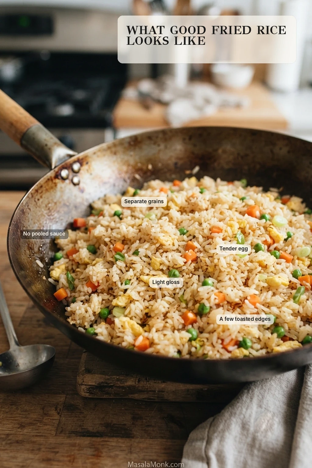 Close view of finished fried rice with labels identifying separate grains, tender egg, light gloss, a few toasted edges and no pooled sauce.