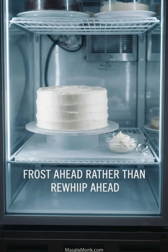 Finished cake covered in whipped cream cheese frosting chilling inside a refrigerator, with a small bowl of leftover frosting stored nearby.