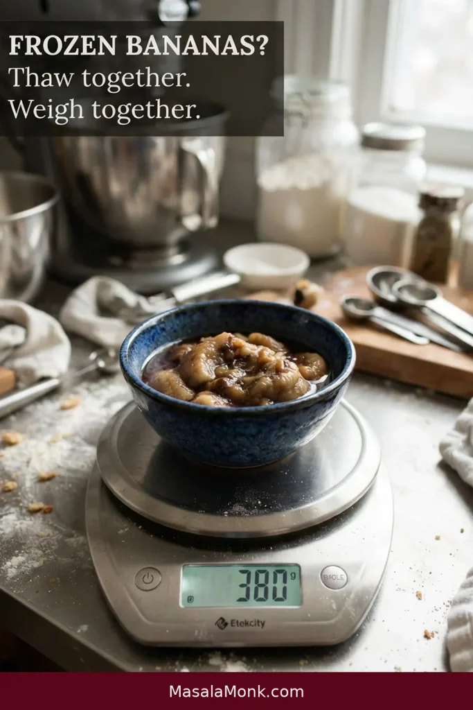 Thawed mashed bananas and their released liquid sit in a bowl on a digital kitchen scale displaying 380 g.