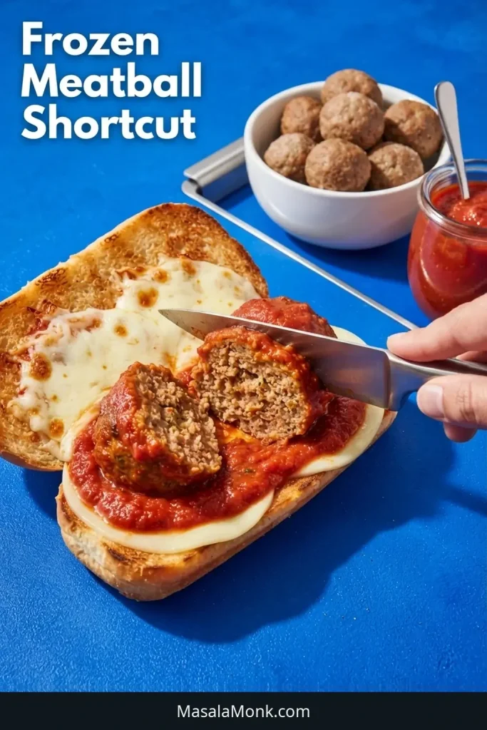 Cooked meatball being cut in half beside a hoagie roll, marinara, cheese, and a bowl of larger prepared meatballs.