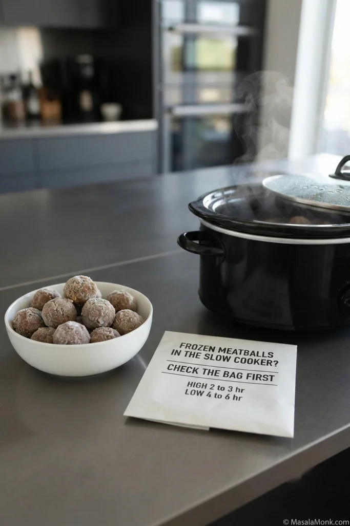 Frozen fully cooked meatballs beside a slow cooker and package-style timing graphic advising readers to check the bag first, with example high and low cook times.