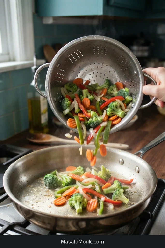 Drained frozen mixed vegetables in a stainless skillet with bare hot metal visible between the pieces.