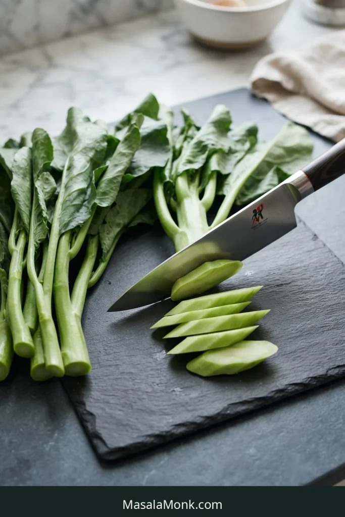 Gai lan stems cut into smaller pieces beside the broad dark-green leafy tops.