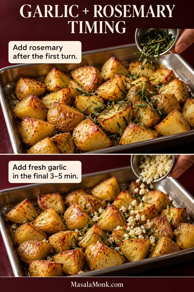 Roasted potatoes shown with rosemary added after turning and finely chopped fresh garlic added near the end of roasting.