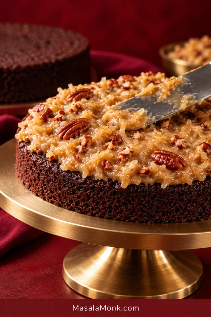 Offset spatula spreading coconut-pecan filling evenly across the top of a round chocolate cake layer.