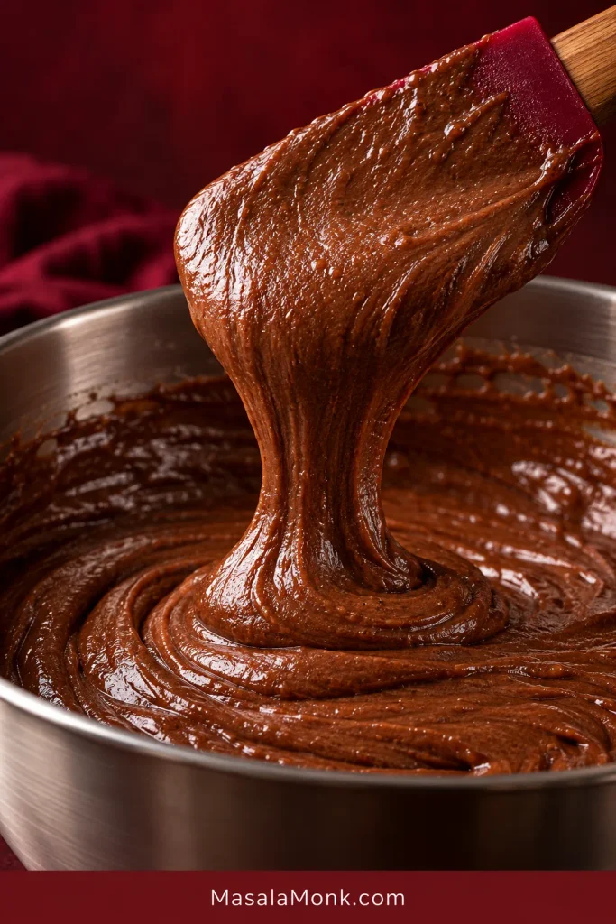Thick, glossy chocolate cake batter falling in a ribbon from a spatula into a mixing bowl.