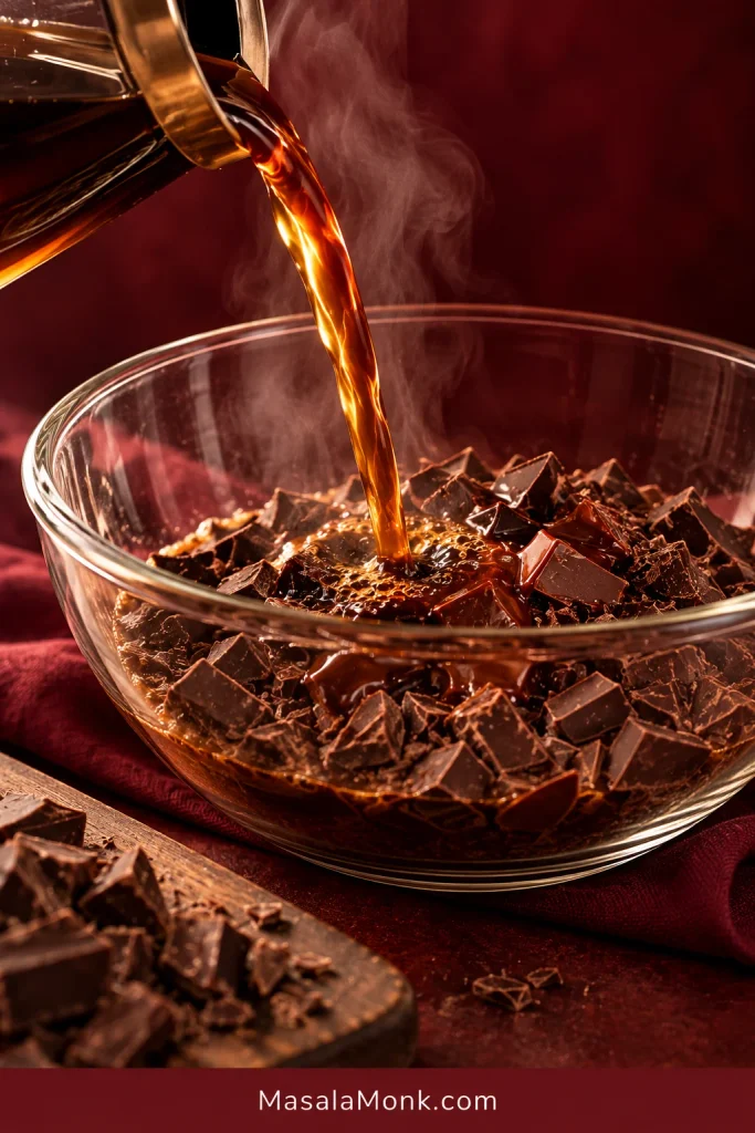 Hot coffee being poured over chopped sweet baking chocolate in a bowl as the chocolate begins to melt.