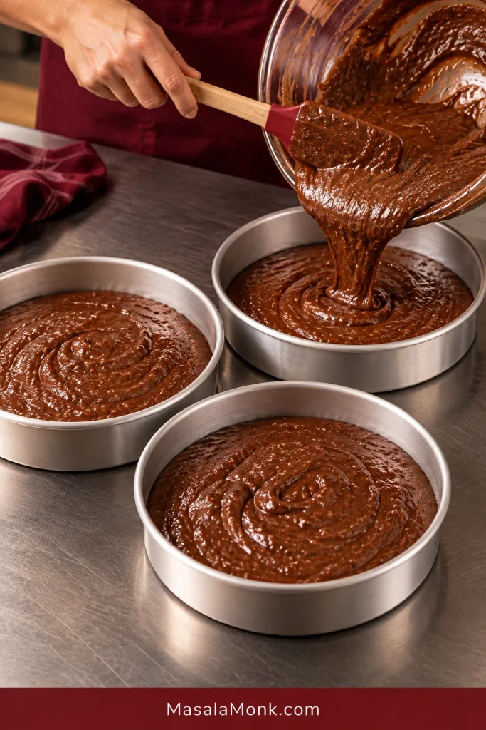 Chocolate cake batter divided in similar amounts among three round metal cake pans.