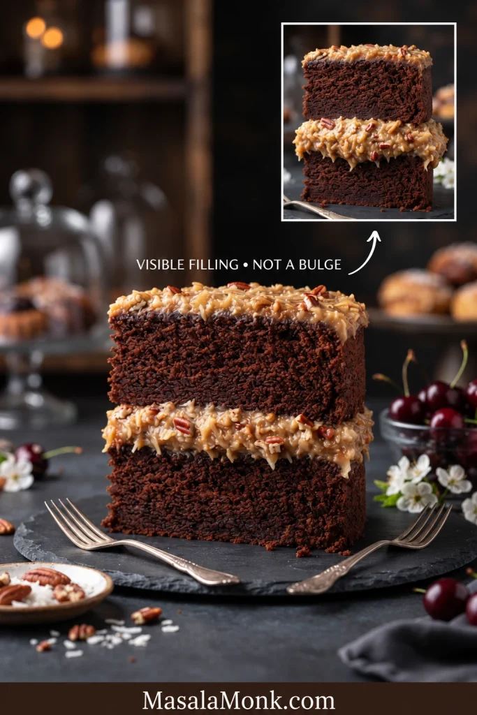 Chocolate cake layers with coconut-pecan filling sitting close to the cake edge, plus a smaller example showing excessive filling bulging outward.