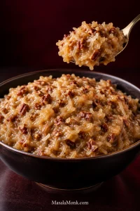 Caramel-amber German chocolate frosting in a dark bowl with moist shredded coconut and chopped pecans, with a spoonful held above the bowl.