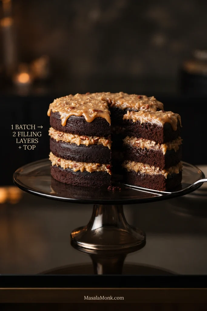 Three-layer chocolate cake with two coconut-pecan filling layers and frosting on top, with a wedge removed to reveal the interior.