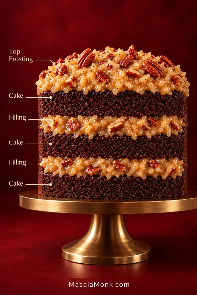 Labeled cross-section of German chocolate cake showing top frosting, three chocolate cake layers and two coconut-pecan filling layers.