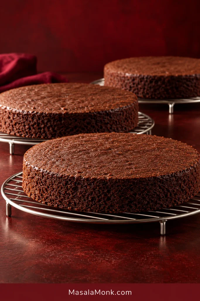 Three round baked chocolate cake layers cooling separately on wire racks.