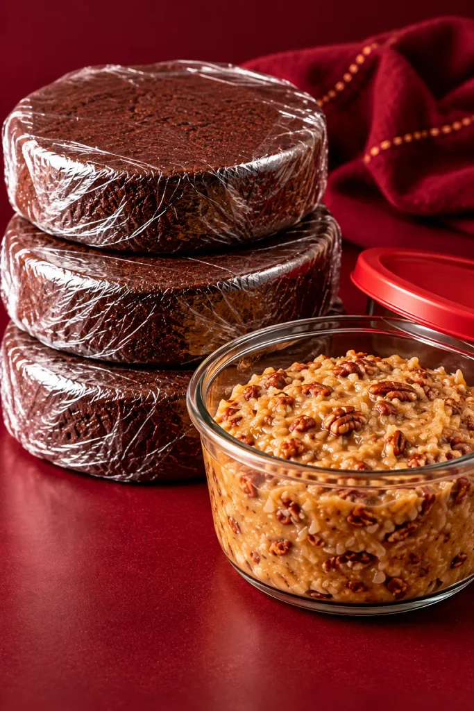 Three individually plastic-wrapped chocolate cake layers beside a glass container of prepared coconut-pecan frosting with its red lid nearby.