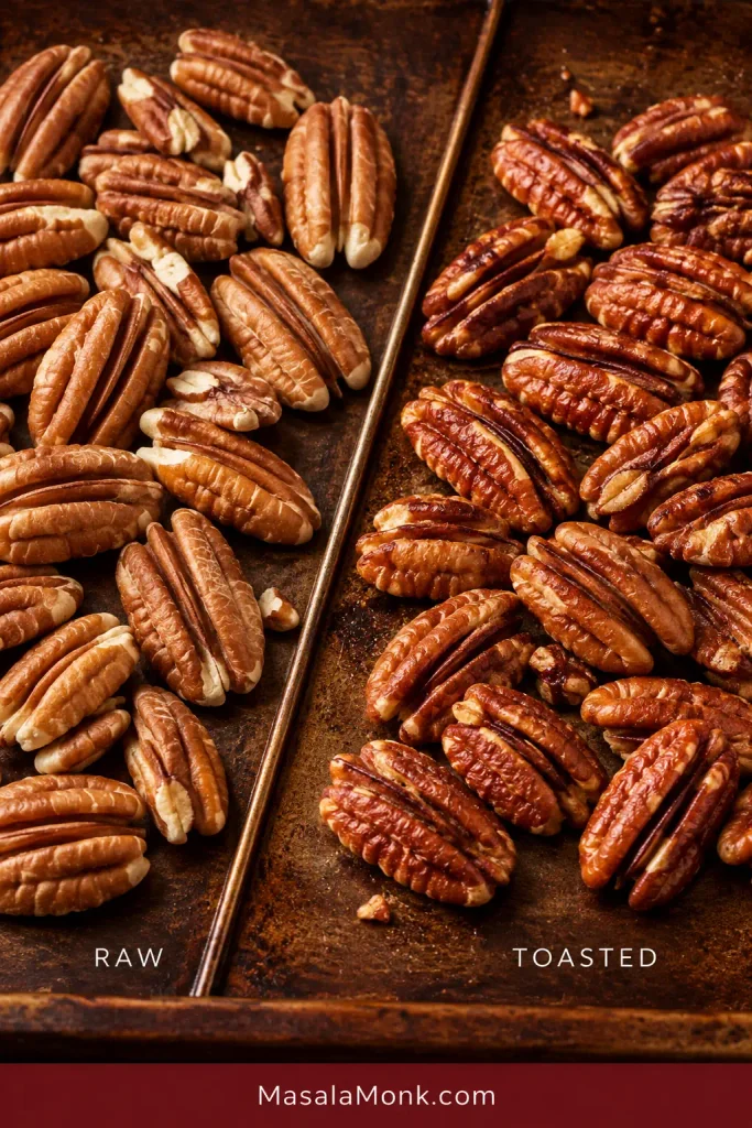 Raw pale pecans and darker toasted pecans shown side by side for comparison.