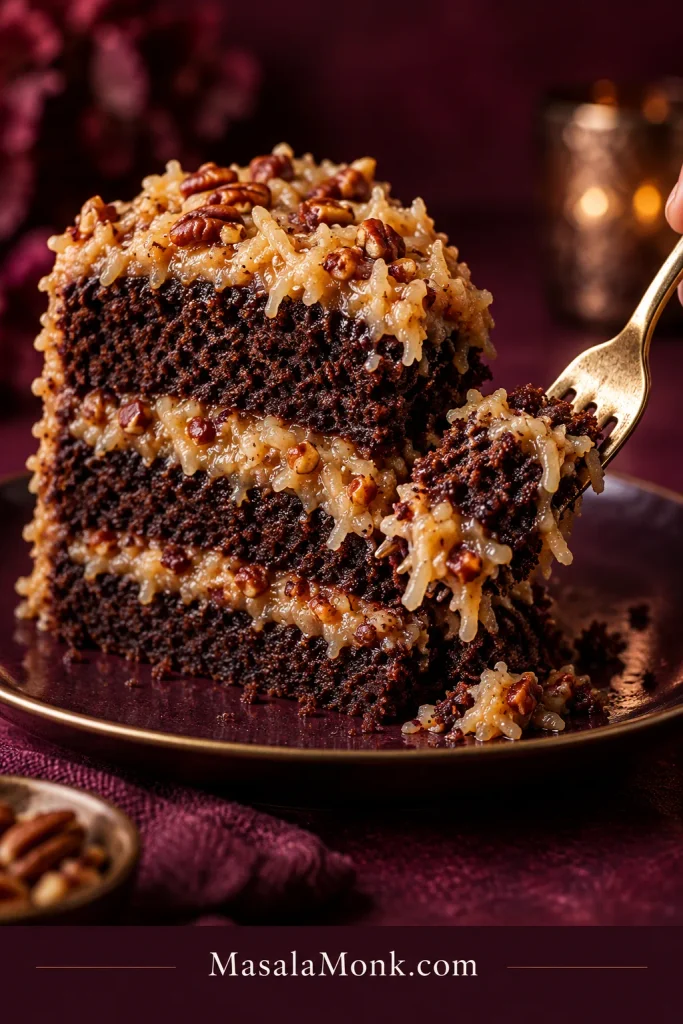 Fork lifting a bite from a slice of German chocolate cake with three chocolate layers, two coconut-pecan filling layers and frosting on top.
