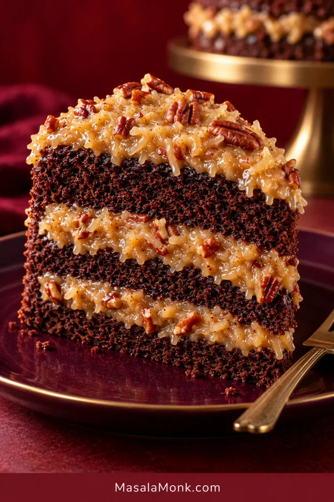 Slice of German chocolate cake showing three chocolate cake layers, two coconut-pecan filling layers and coconut-pecan frosting on top.