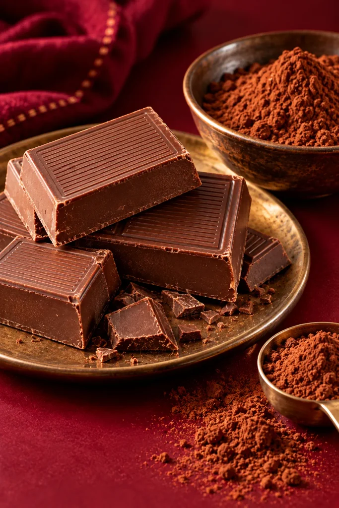 Pieces of medium-brown sweet baking chocolate beside bowls of natural cocoa powder on a burgundy surface.