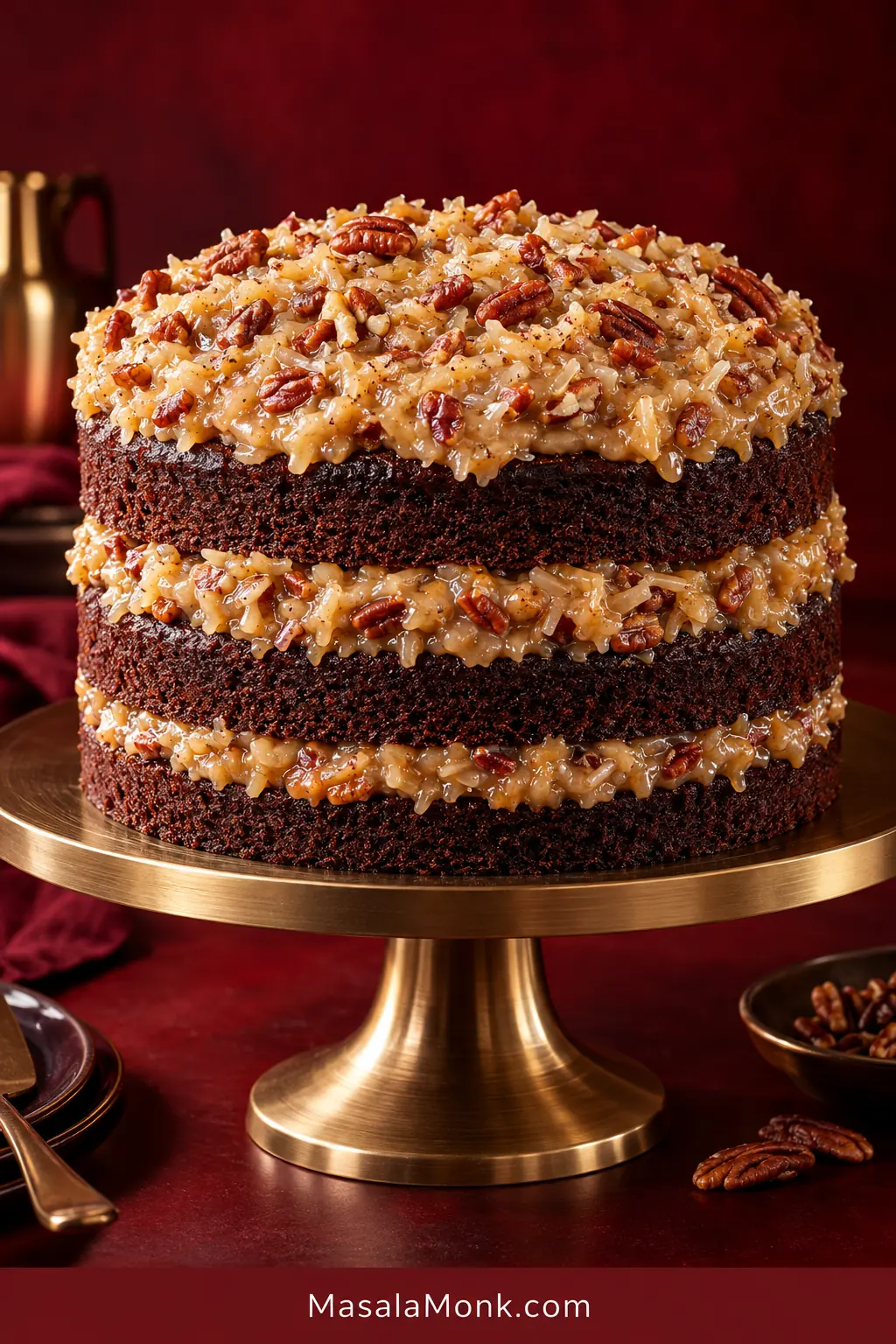 Three-layer chocolate cake on a brass stand with two coconut-pecan filling layers, coconut-pecan frosting on top, and exposed chocolate cake sides.
