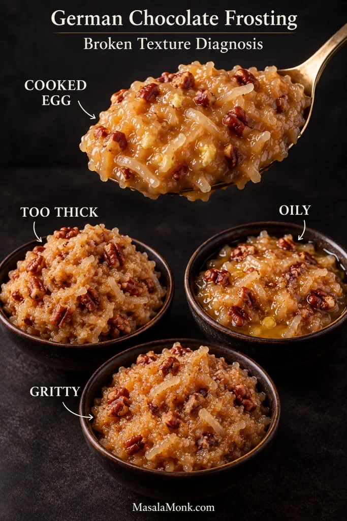 Four German chocolate frosting texture problems showing pale cooked-egg flecks, an overly thick mixture, visible separated oil, and fine grittiness.