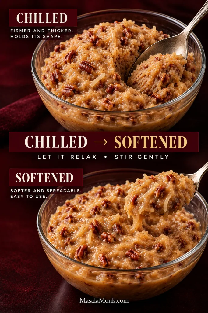 Chilled coconut-pecan frosting holding a firm spoon trench compared with the same frosting softened to a smoother, more spreadable consistency.