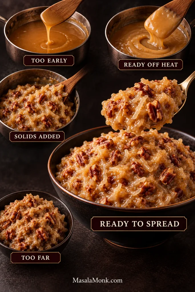 Five stages of German chocolate frosting showing thin custard, ready-off-heat custard, coconut and pecans added, ready-to-spread frosting, and an overly thick final state.