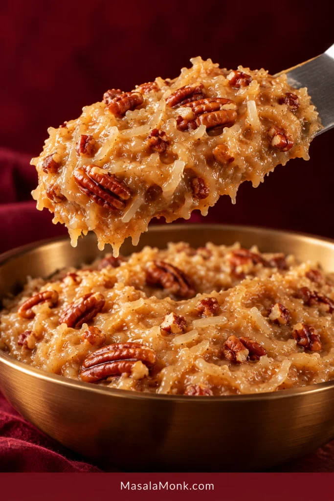 Cooled coconut-pecan frosting holding a thick, soft mound on a metal spatula above a bowl.