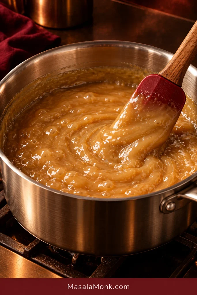 Smooth golden custard base for German chocolate frosting being stirred in a saucepan before coconut and pecans are added.