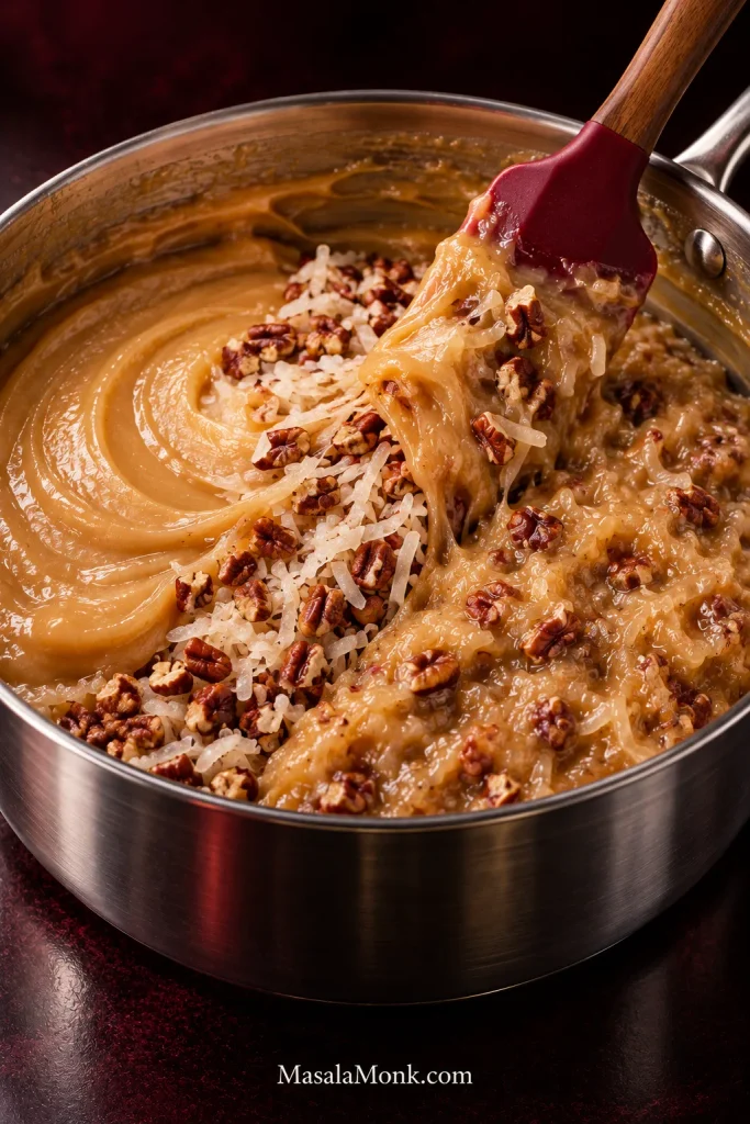 Shredded coconut and chopped pecans being folded into caramel custard with a red spatula in a stainless saucepan.
