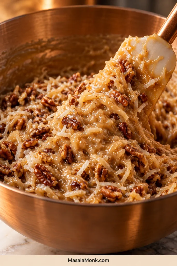 Spatula folding shredded coconut and toasted pecan pieces into thick golden custard in a metal bowl.