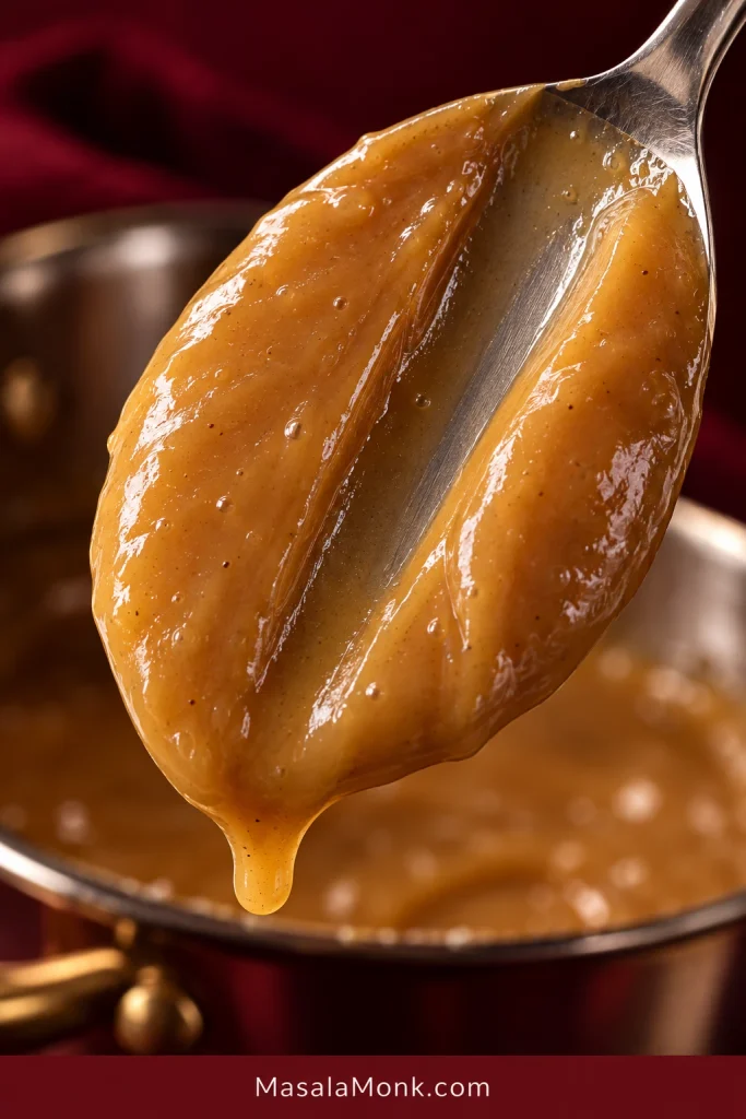 Spatula drawn through thick golden custard in a saucepan, leaving a visible track across the bottom of the pan.