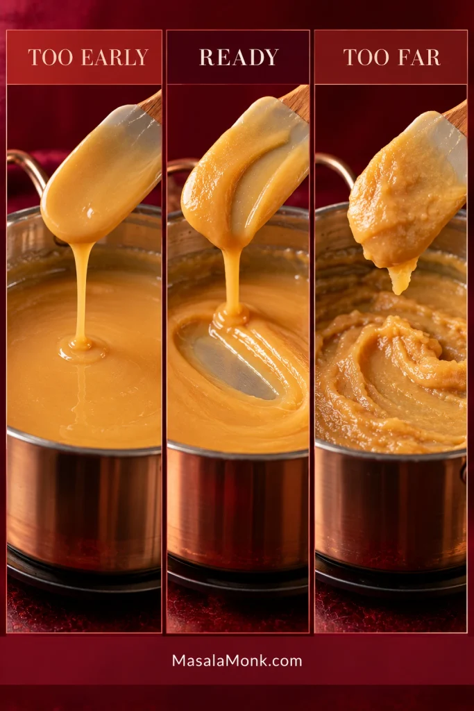 Three-panel comparison labeled Too Early, Ready and Too Far, showing golden frosting custard from thin and flowing to properly thickened and then overly thick.