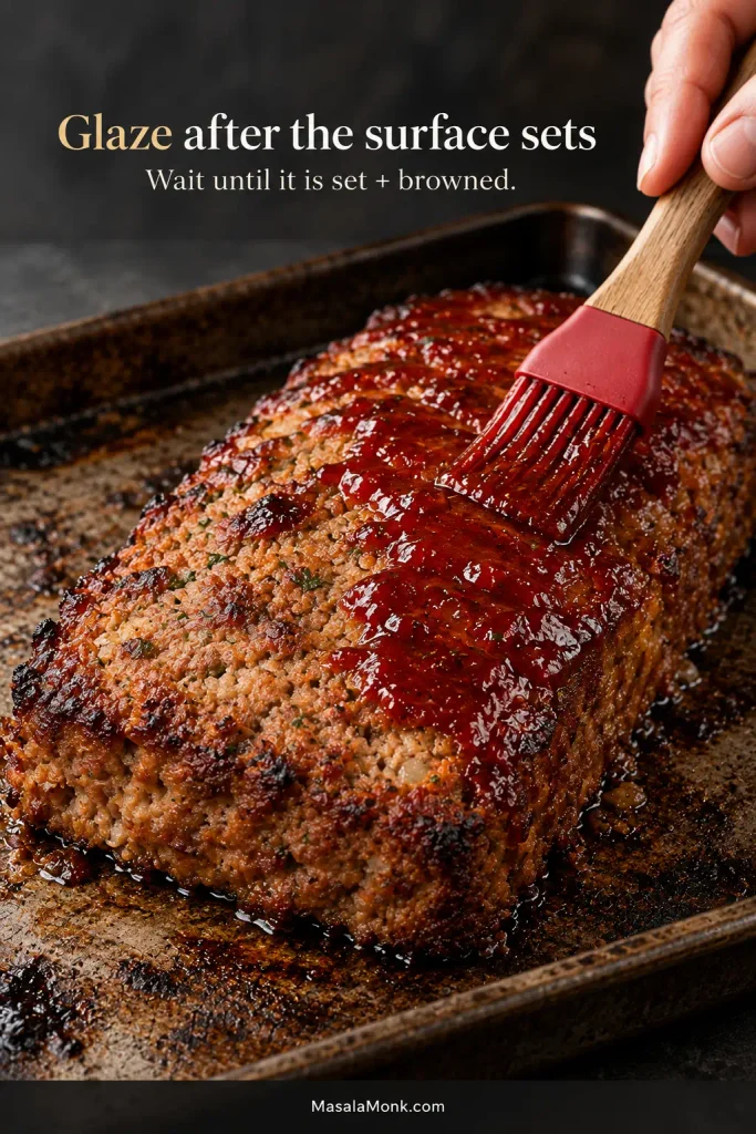 Hand brushing a thin red-brown glaze onto a partly browned meatloaf on a baking sheet while some set, unglazed surface remains visible.