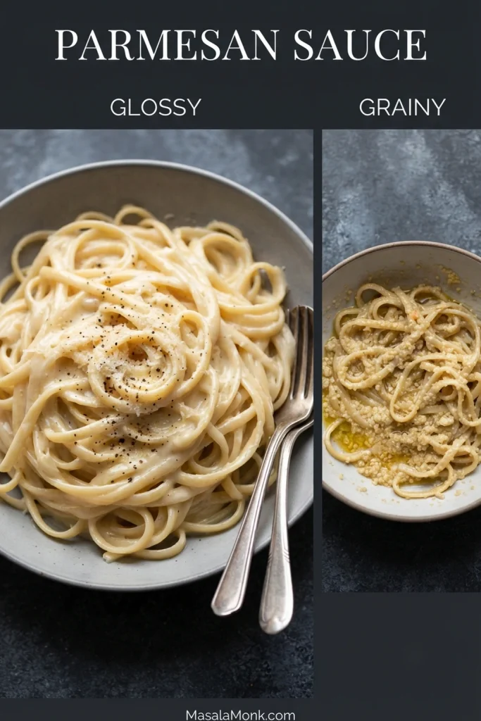 Side-by-side comparison showing smooth, glossy Parmesan-coated pasta on the left and pasta with a drier, grainy-looking sauce on the right.