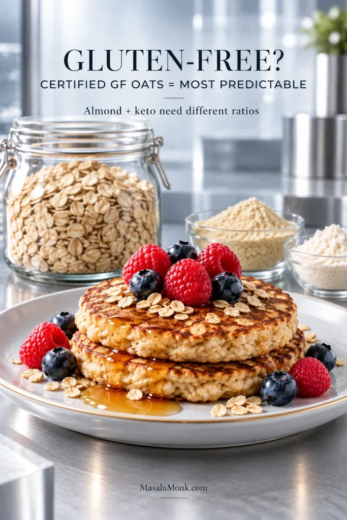 Golden cottage cheese oat pancakes beside rolled oats with text identifying certified gluten-free oats as the most predictable gluten-free route.