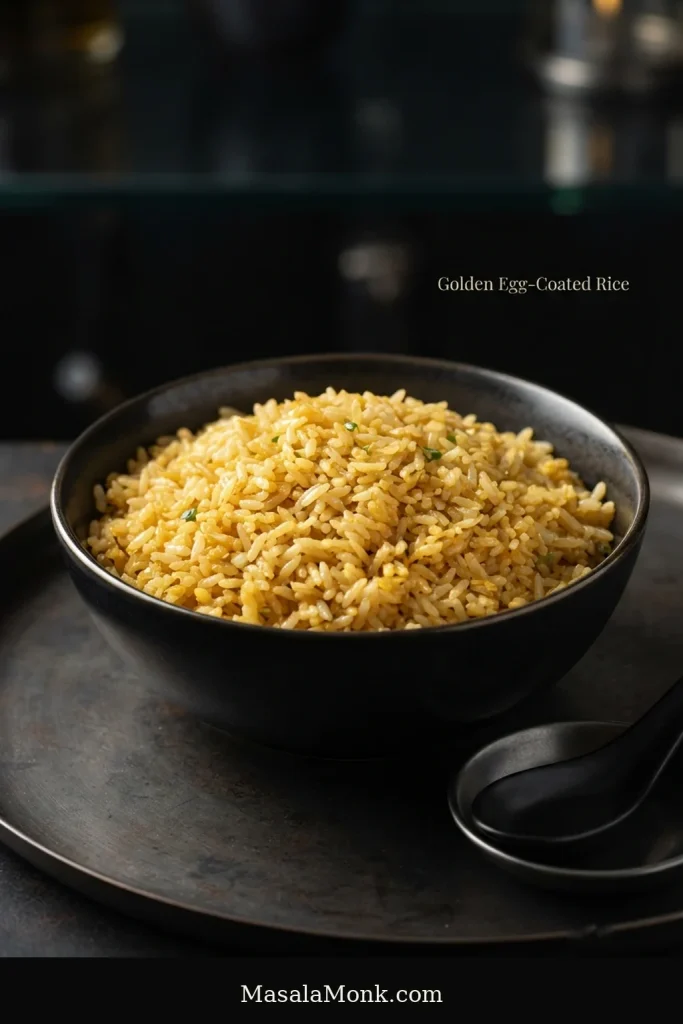Bowl of golden egg-coated fried rice with individually separated yellow-gold grains and a small amount of sliced scallion.