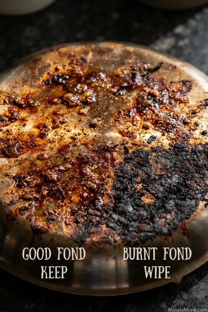 Close-up of a metal skillet showing reddish-brown cooked fond on one side and a dark black scorched patch on the other.